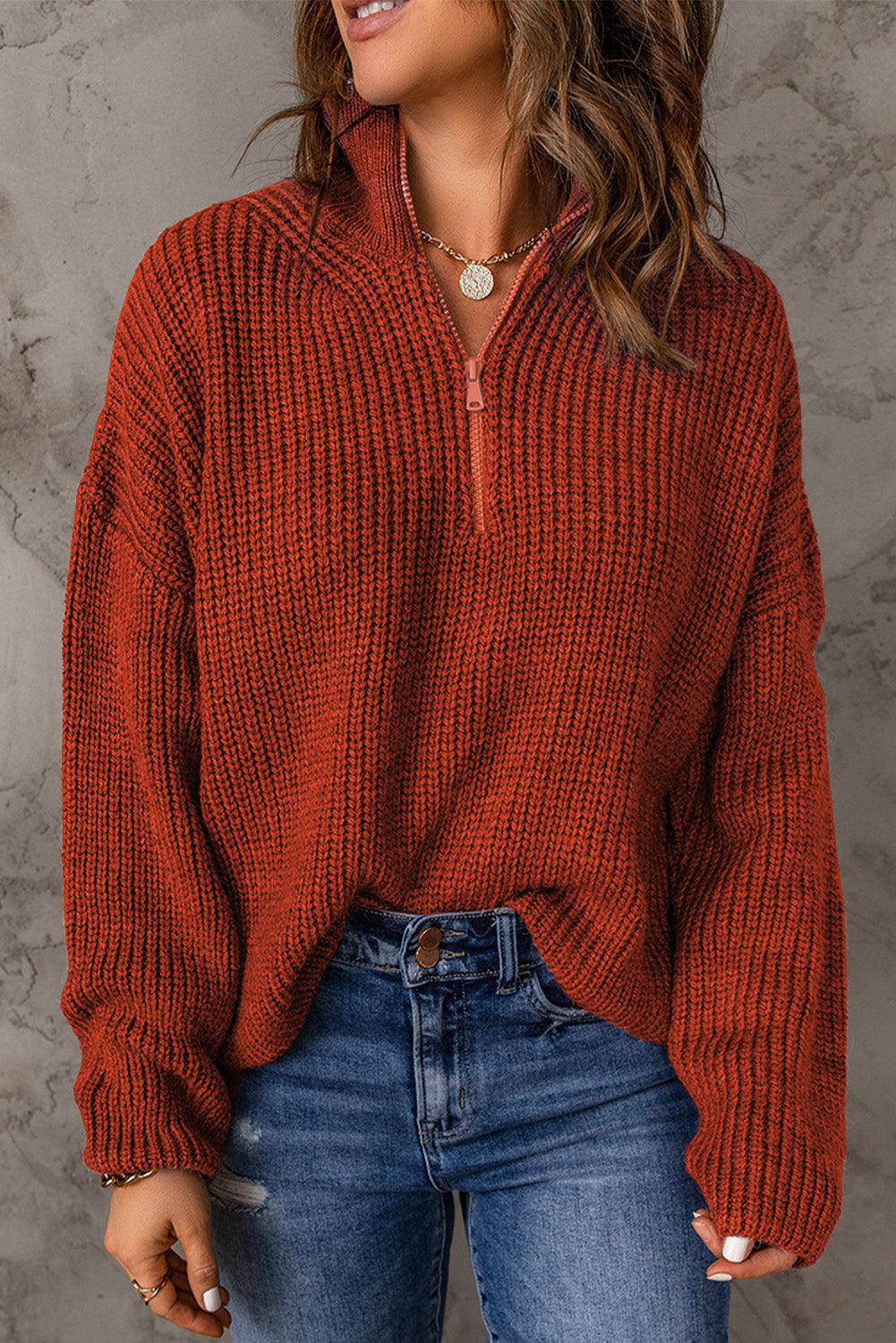 Half Zip Rib-Knit Dropped Shoulder Sweater BLUE ZONE PLANET