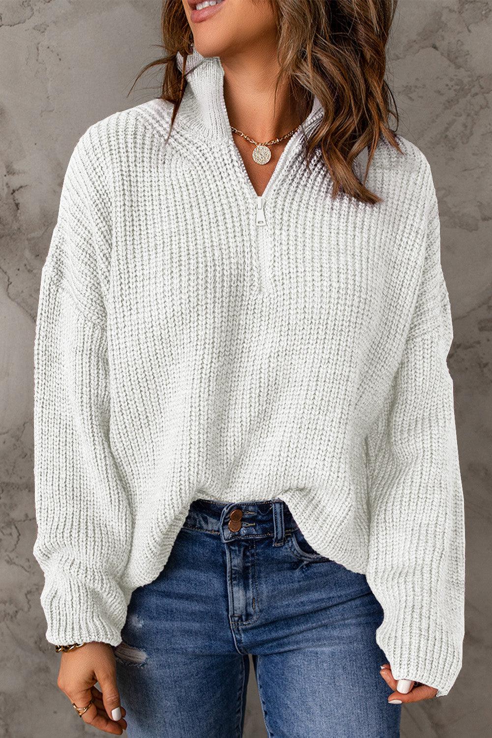 Half Zip Rib-Knit Dropped Shoulder Sweater BLUE ZONE PLANET