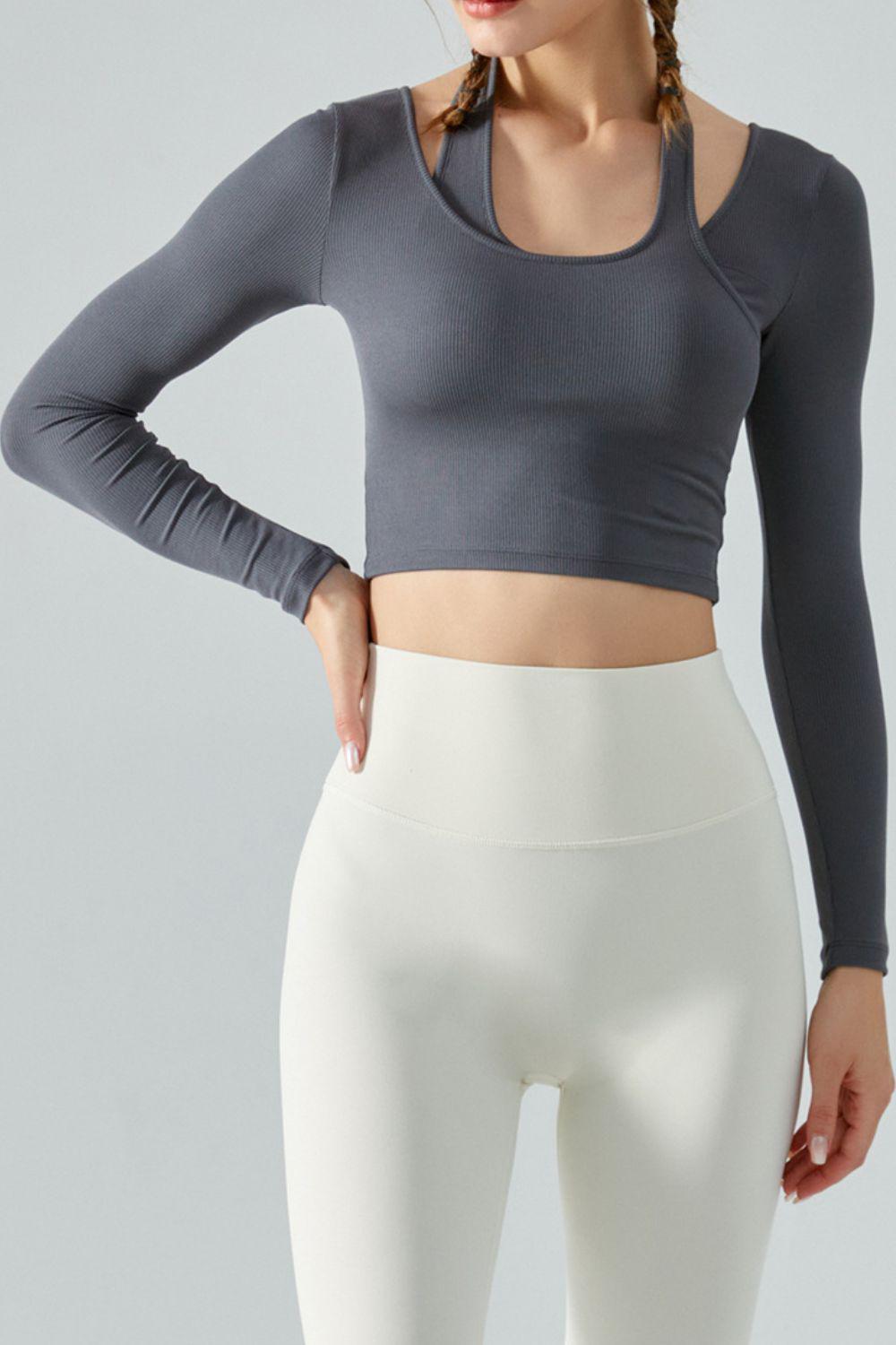 Halter Neck Long Sleeve Cropped Sports Top-TOPS / DRESSES-[Adult]-[Female]-2022 Online Blue Zone Planet