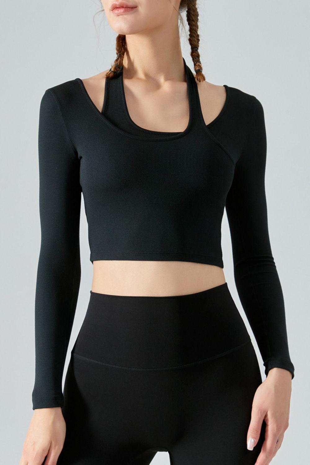 Halter Neck Long Sleeve Cropped Sports Top-TOPS / DRESSES-[Adult]-[Female]-Black-S-2022 Online Blue Zone Planet