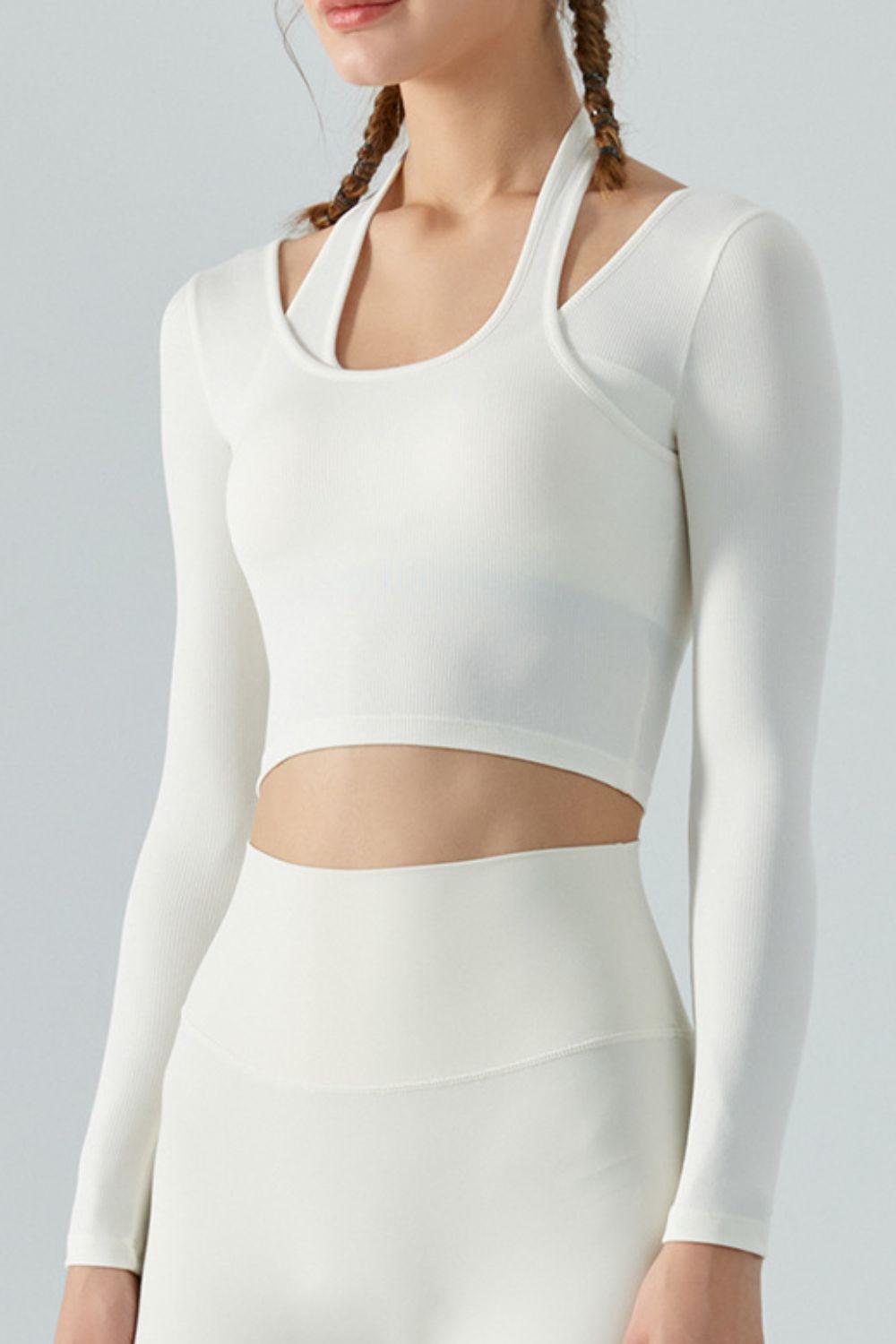 Halter Neck Long Sleeve Cropped Sports Top-TOPS / DRESSES-[Adult]-[Female]-White-S-2022 Online Blue Zone Planet