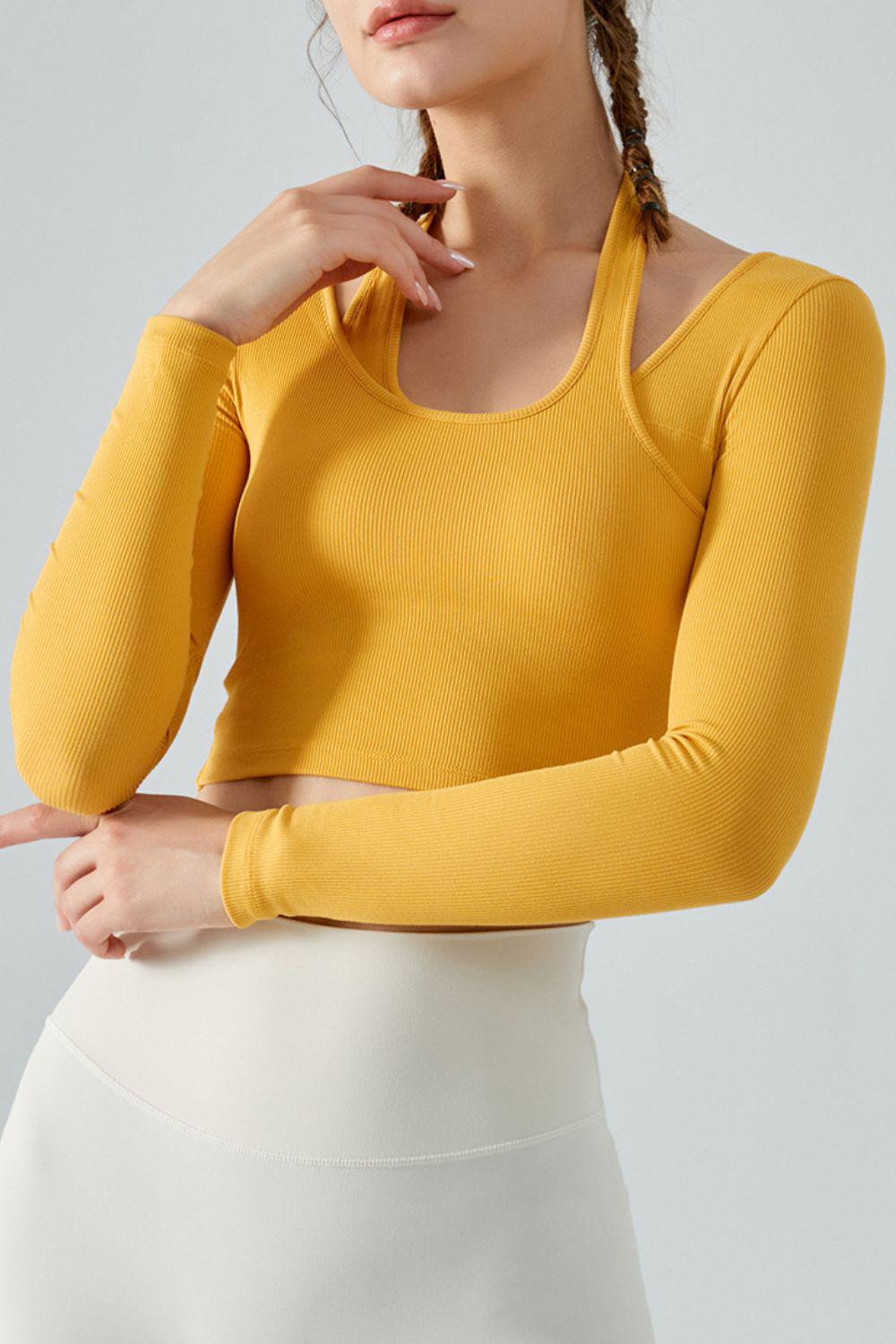 Halter Neck Long Sleeve Cropped Sports Top-TOPS / DRESSES-[Adult]-[Female]-Yellow-S-2022 Online Blue Zone Planet