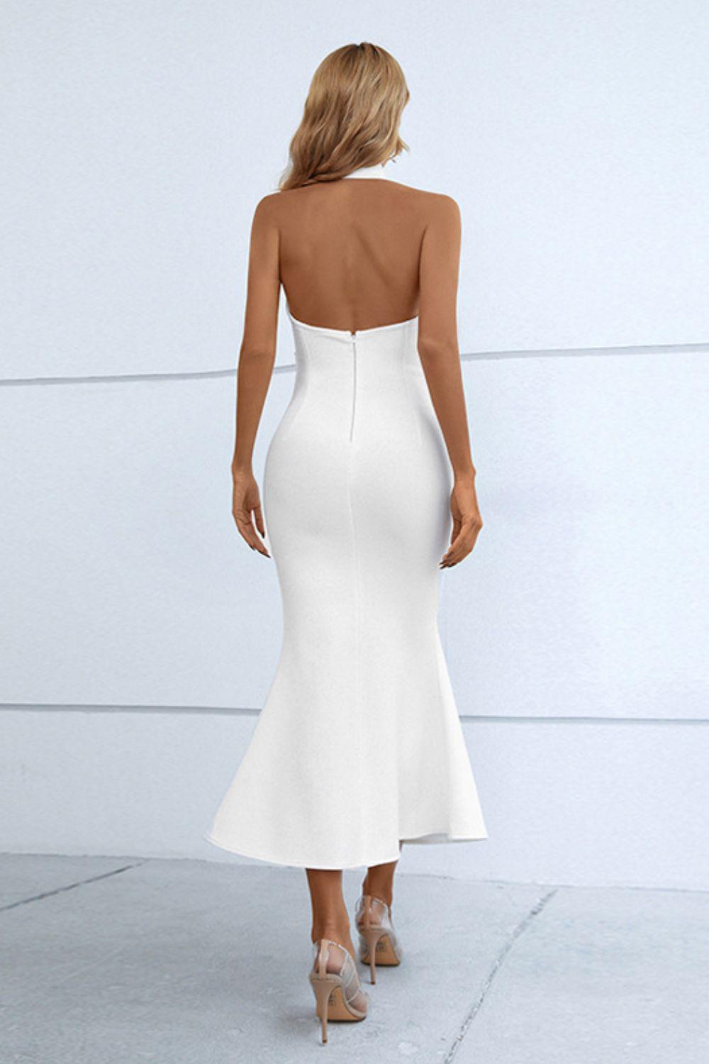 Halter Neck Split Fishtail Bodycon Midi Dress - Blue Zone Planet White / L by Blue Zone Planet Halter Neck Split Fishtail Bodycon Midi Dress - Blue Zone Planet White / L by Blue Zone Planet