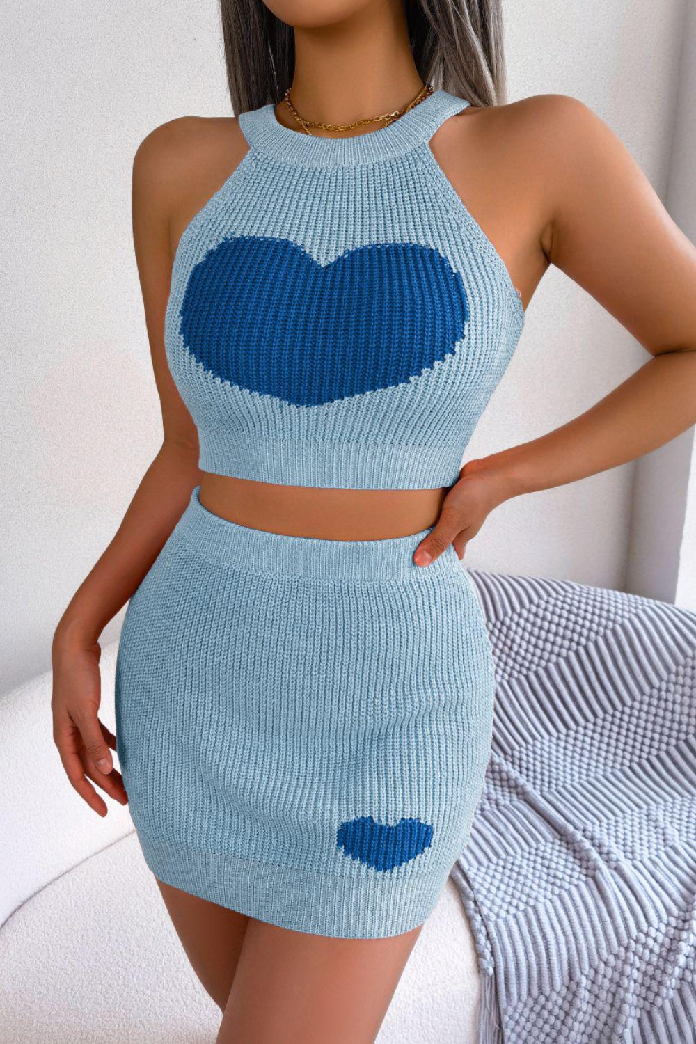 Heart Contrast Ribbed Sleeveless Knit Top and Skirt Set BLUE ZONE PLANET