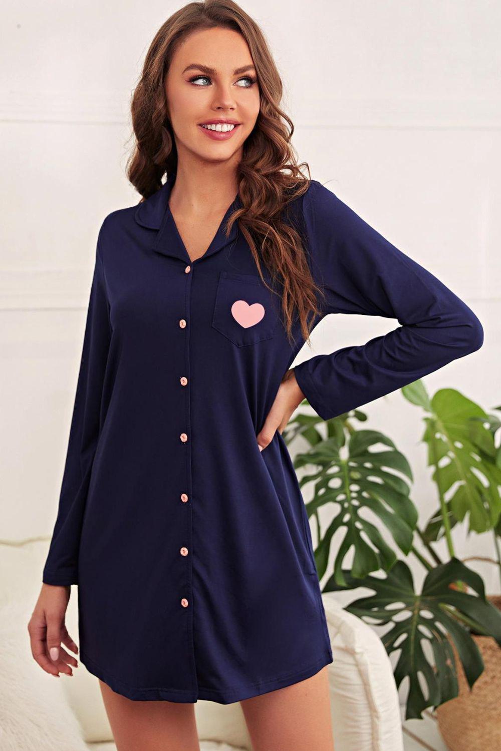 Heart Graphic Lapel Collar Night Shirt Dress BLUE ZONE PLANET