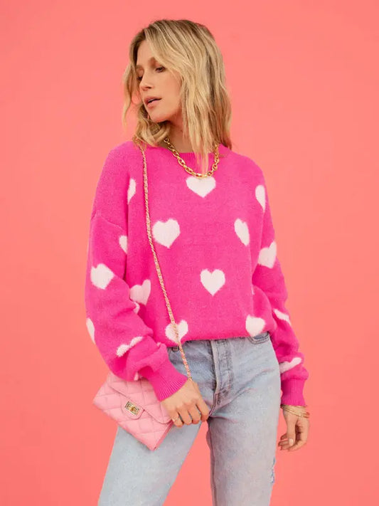 Heart Valentine's Day Round Neck Pullover Sweater BLUE ZONE PLANET