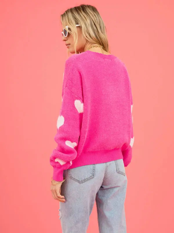 Heart Valentine's Day Round Neck Pullover Sweater BLUE ZONE PLANET