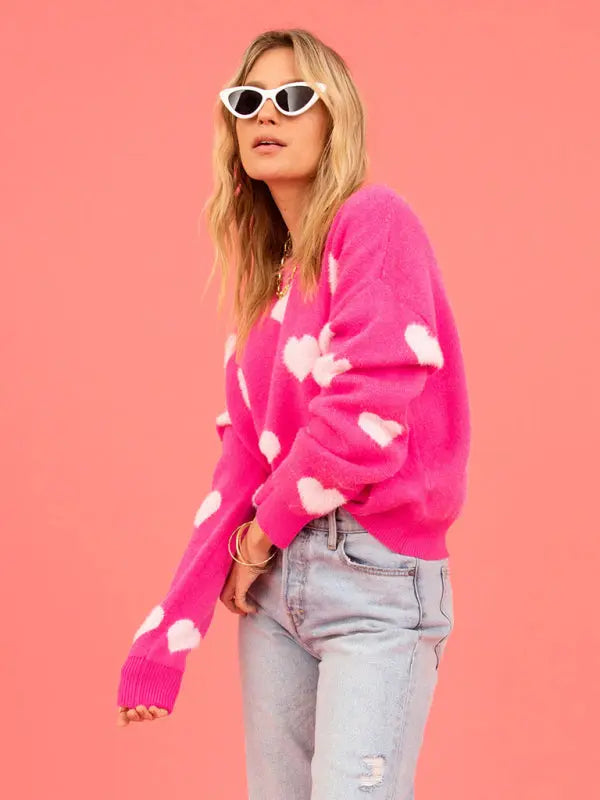 Heart Valentine's Day Round Neck Pullover Sweater BLUE ZONE PLANET
