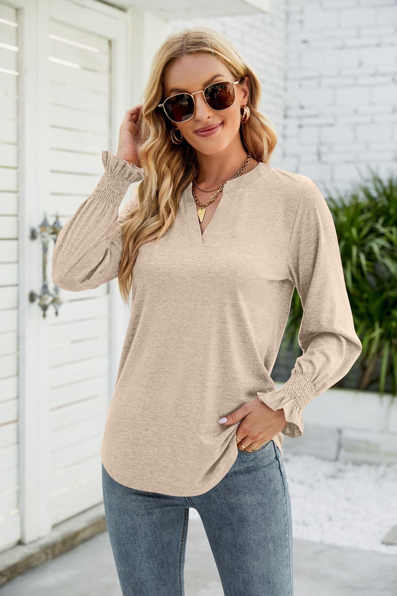 Heathered Flounce Sleeve Curved Hem Top-TOPS / DRESSES-[Adult]-[Female]-Tan-S-2022 Online Blue Zone Planet