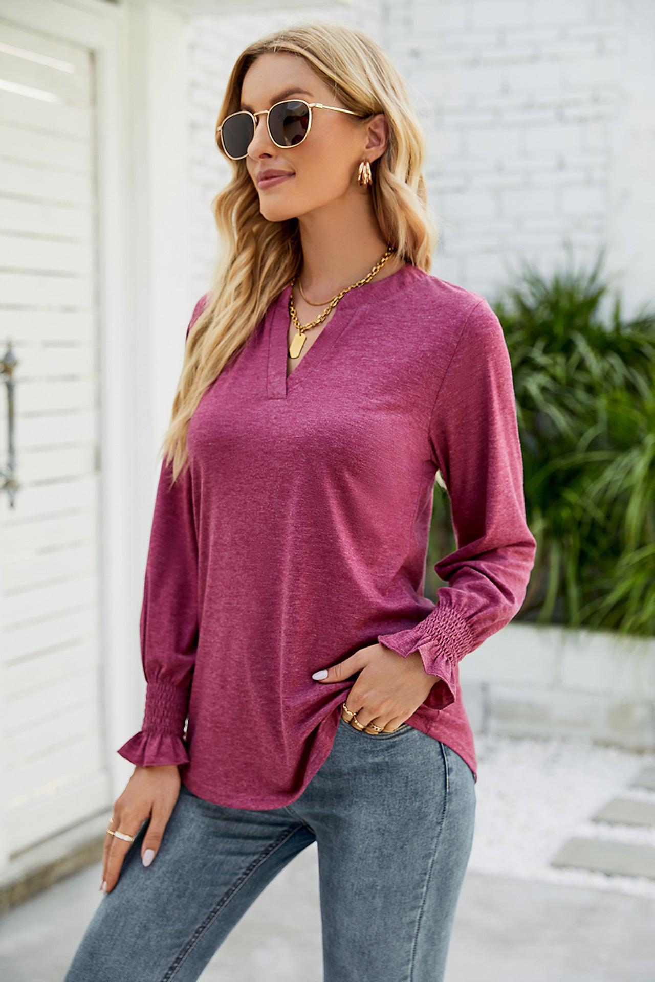 Heathered Flounce Sleeve Curved Hem Top-TOPS / DRESSES-[Adult]-[Female]-Wine-S-2022 Online Blue Zone Planet