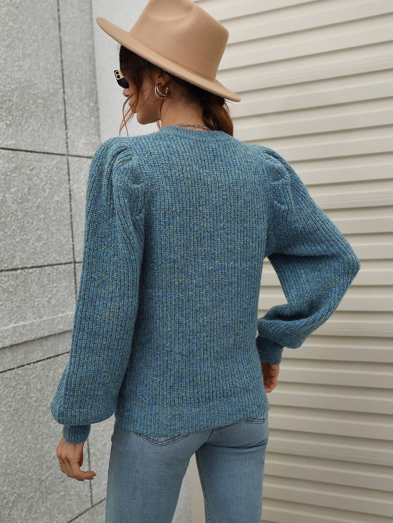 Heathered Long Lantern Sleeve Rib-Knit Sweater BLUE ZONE PLANET