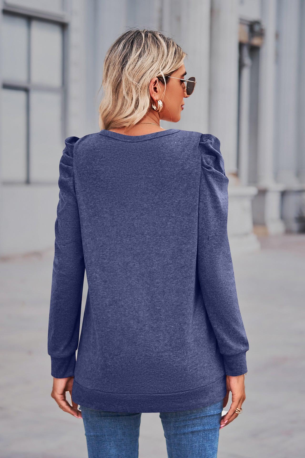 Heathered Puff Sleeve Round Neck Tunic Top BLUE ZONE PLANET