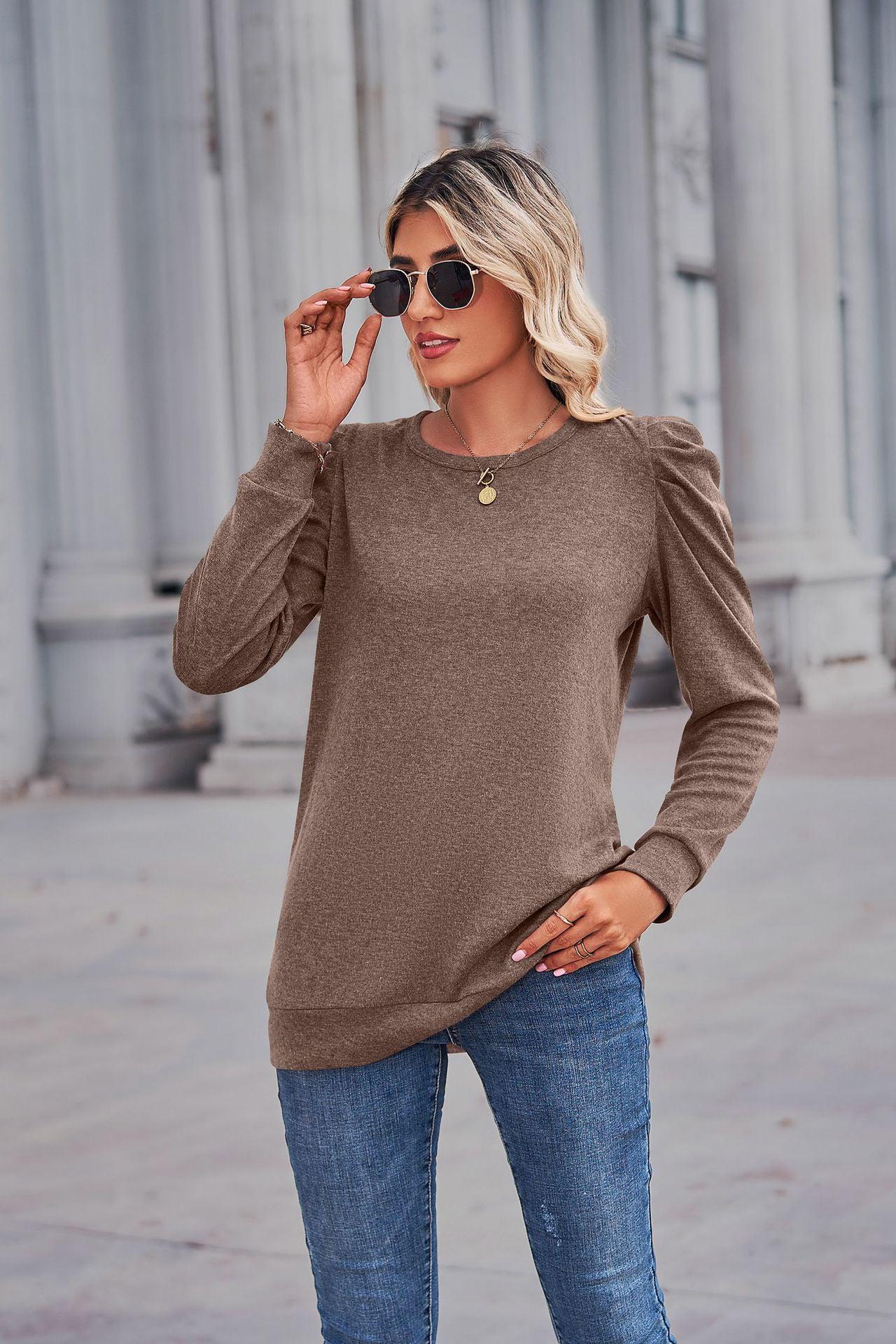Heathered Puff Sleeve Round Neck Tunic Top BLUE ZONE PLANET