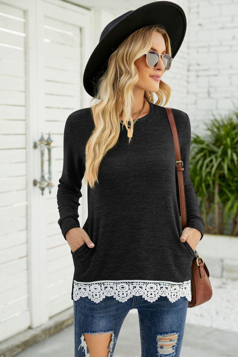 Heathered Round Neck Spliced Lace Hem Top-TOPS / DRESSES-[Adult]-[Female]-2022 Online Blue Zone Planet
