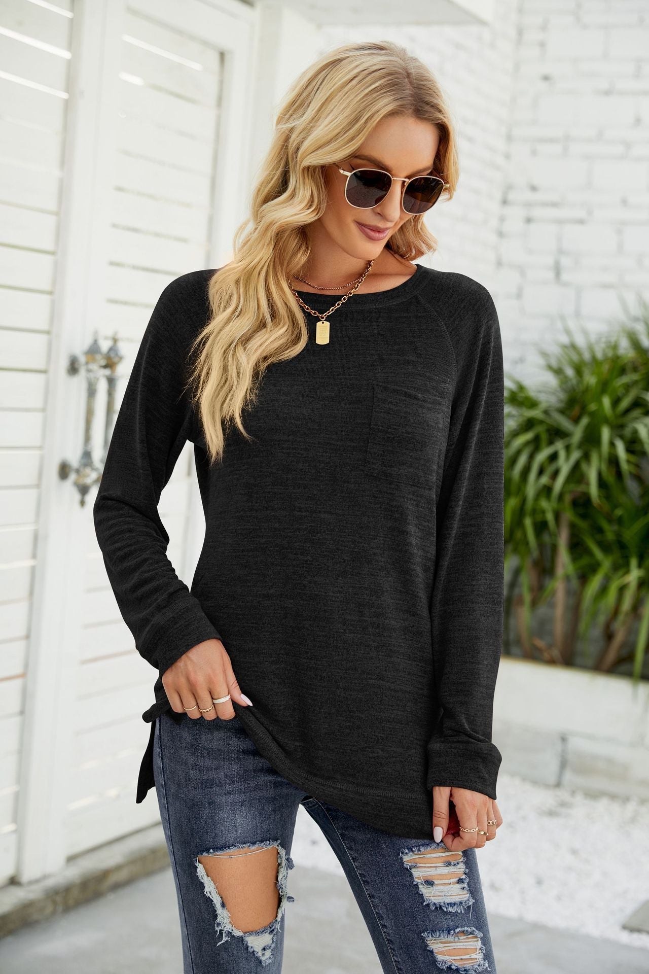 Heathered Slit Long Raglan Sleeve Top BLUE ZONE PLANET