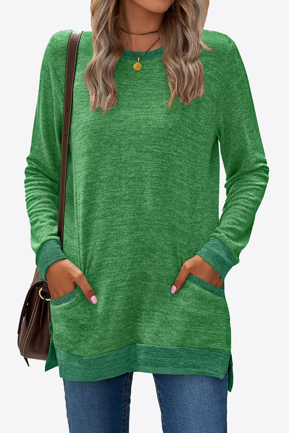 Heathered Slit Top with Pockets-TOPS / DRESSES-[Adult]-[Female]-Green-S-2022 Online Blue Zone Planet