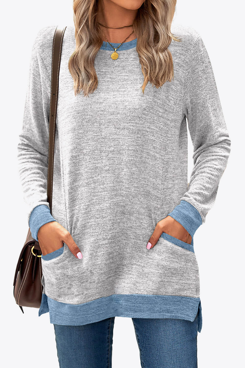 Heathered Slit Top with Pockets-TOPS / DRESSES-[Adult]-[Female]-Light Gray-S-2022 Online Blue Zone Planet