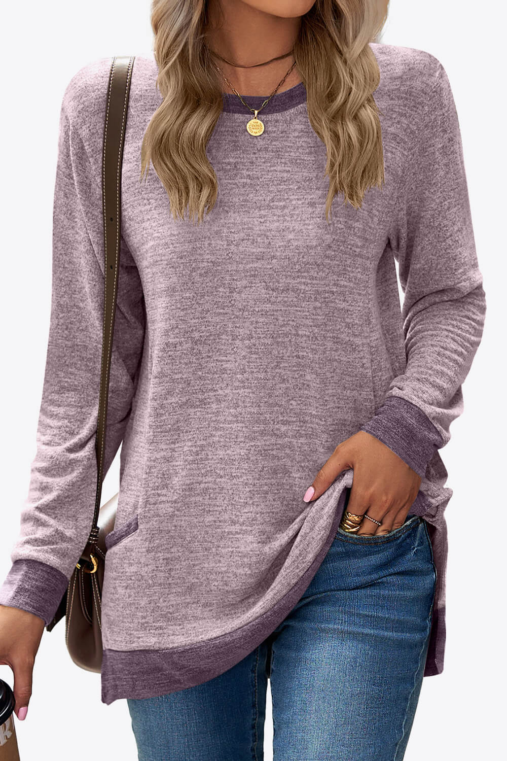 Heathered Slit Top with Pockets BLUE ZONE PLANET