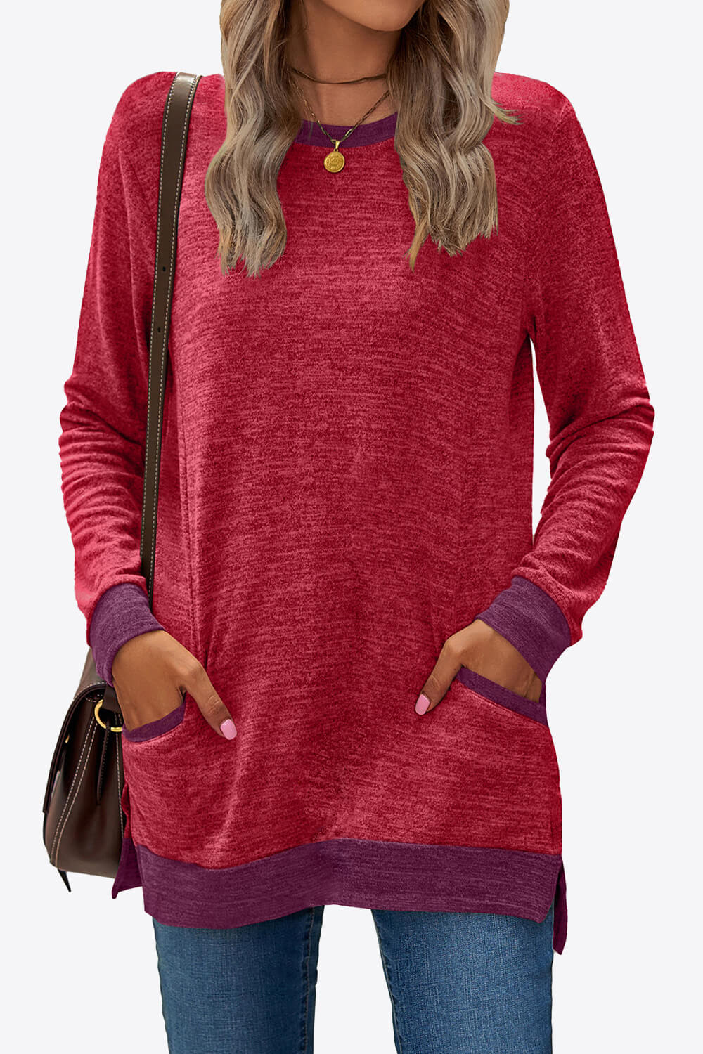 Heathered Slit Top with Pockets-TOPS / DRESSES-[Adult]-[Female]-Red-S-2022 Online Blue Zone Planet