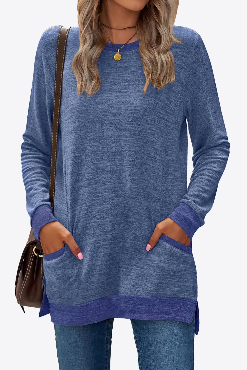 Heathered Slit Top with Pockets-TOPS / DRESSES-[Adult]-[Female]-Royal Blue-S-2022 Online Blue Zone Planet