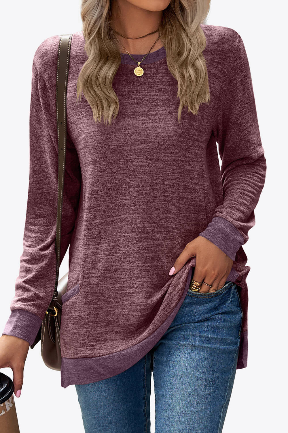 Heathered Slit Top with Pockets-TOPS / DRESSES-[Adult]-[Female]-Wine-S-2022 Online Blue Zone Planet