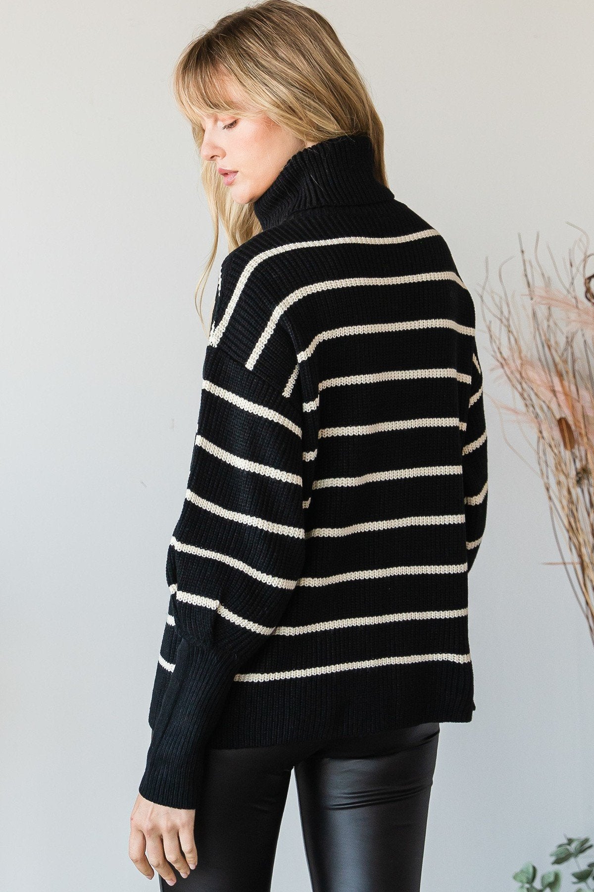 Heavy Knit Striped Turtle Neck Knit Sweater-[Adult]-[Female]-Blue Zone Planet