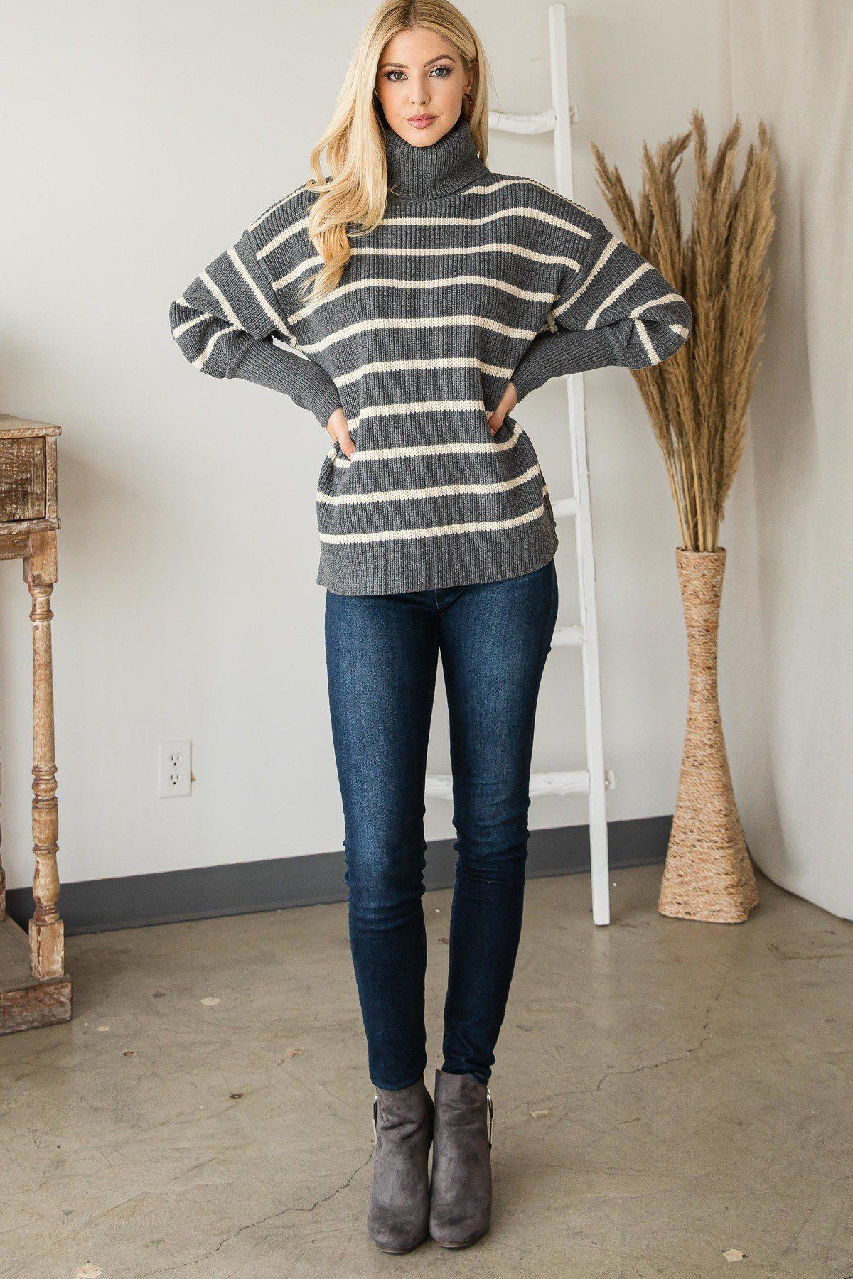 Heavy Knit Striped Turtle Neck Knit Sweater-[Adult]-[Female]-Blue Zone Planet
