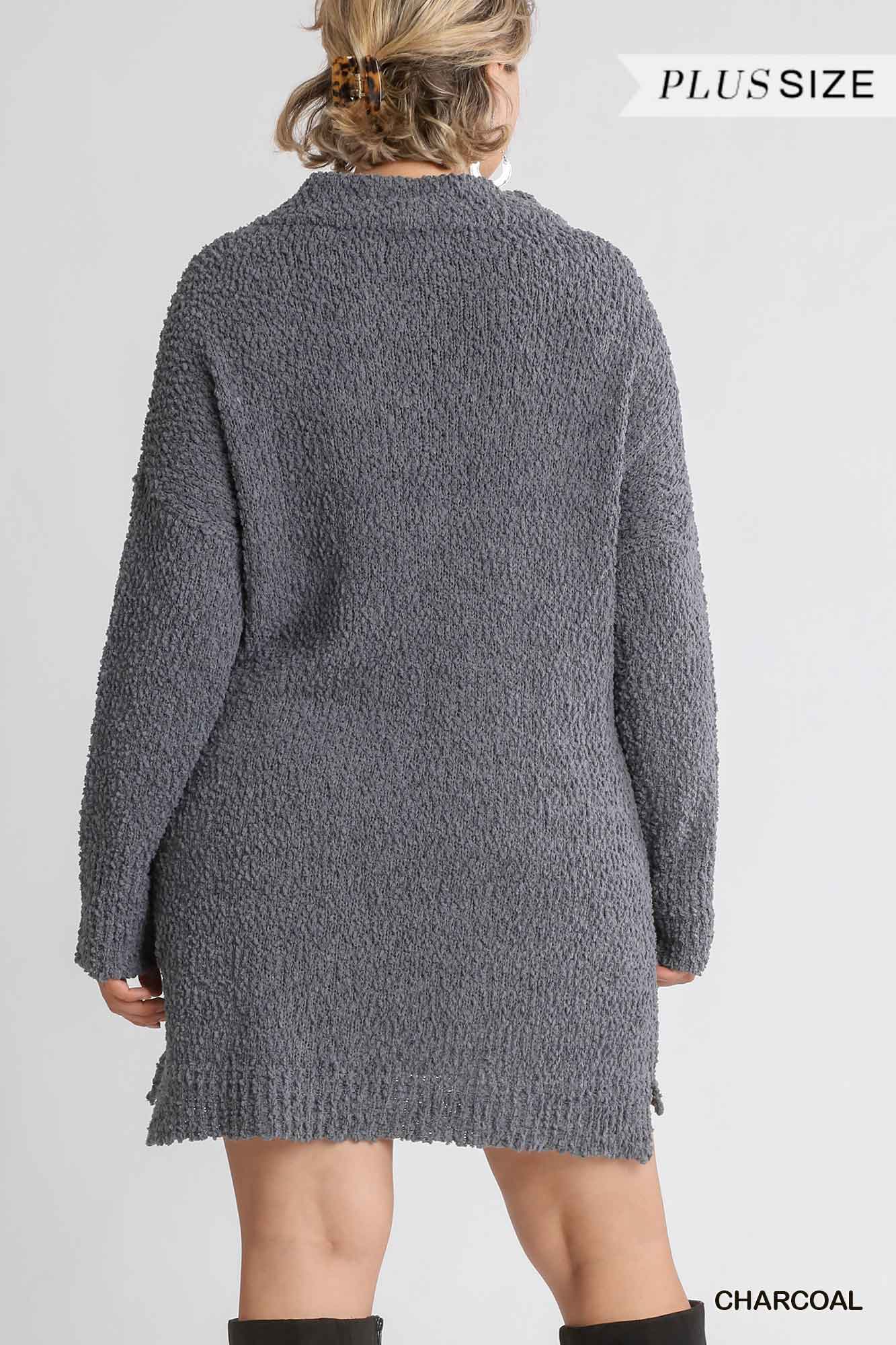 High Cowl Neck Bouclé Long Sleeve Sweater Dress Blue Zone Planet