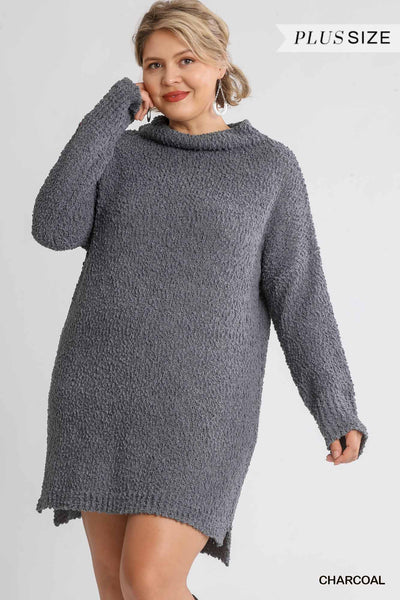 Zone Planet | High Cowl Neck Boucl Long Sleeve Sweater Dress -  Blue Zone  Planet