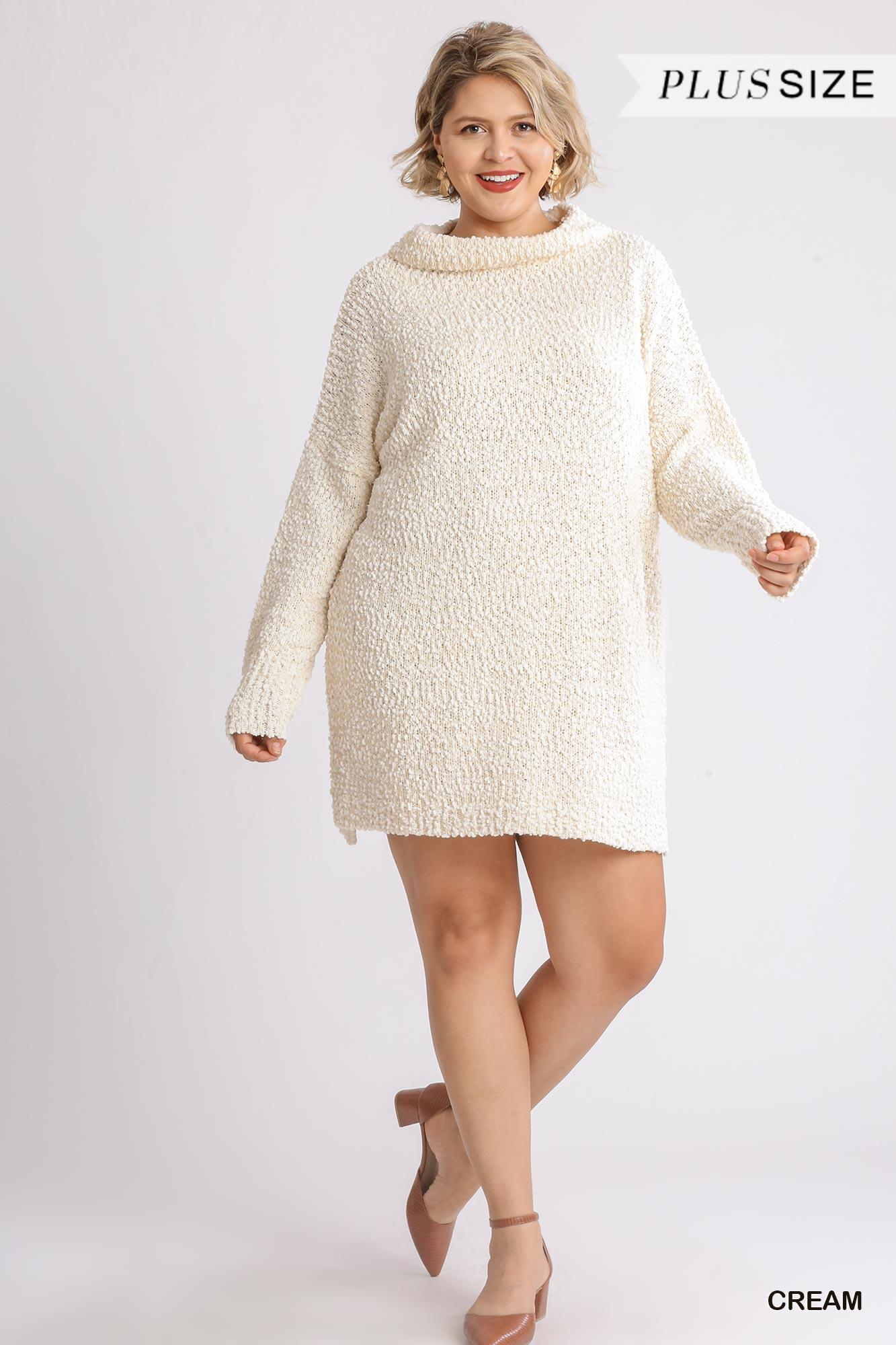 High Cowl Neck Bouclé Long Sleeve Sweater Dress Blue Zone Planet