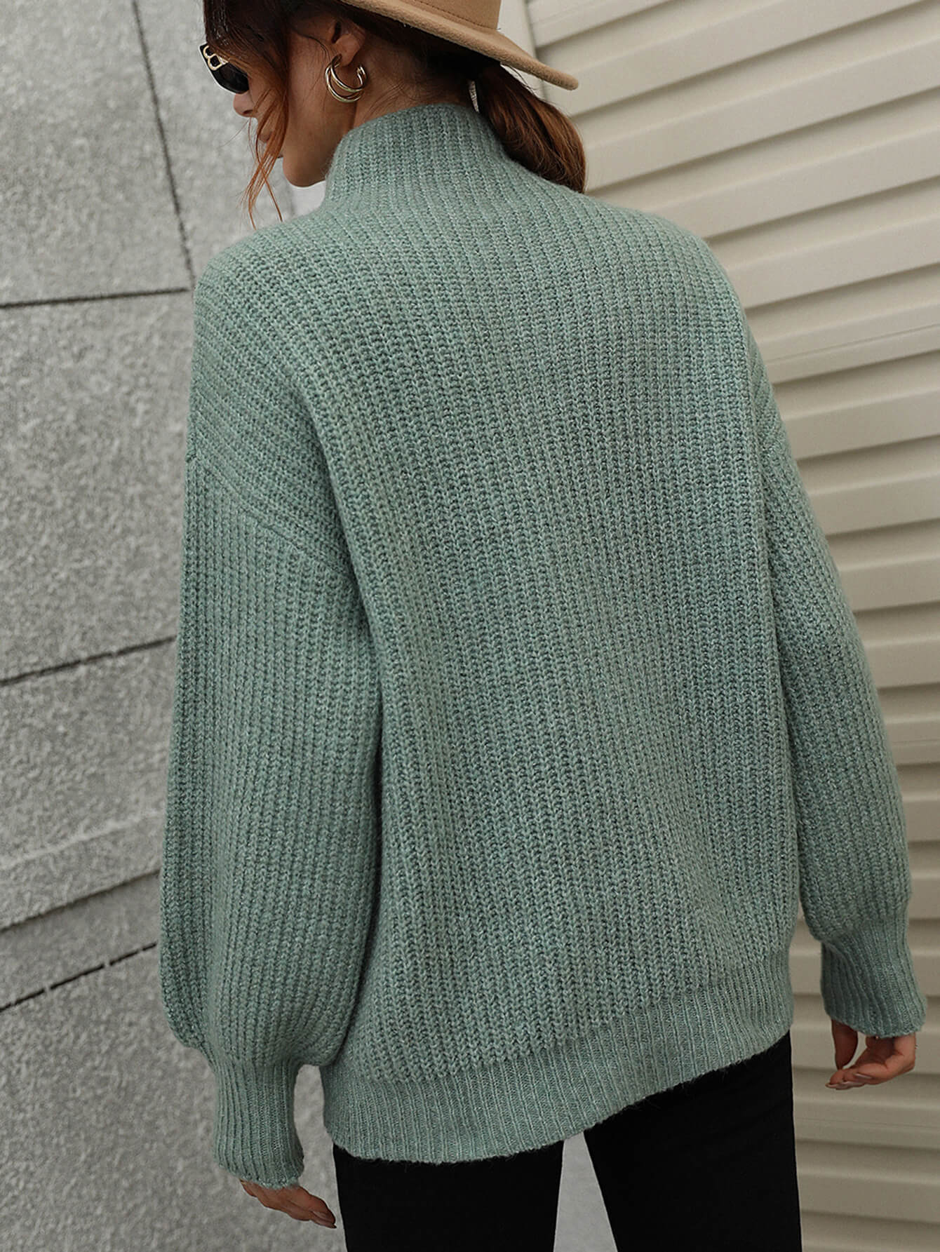 High Neck Balloon Sleeve Rib-Knit Pullover Sweater BLUE ZONE PLANET