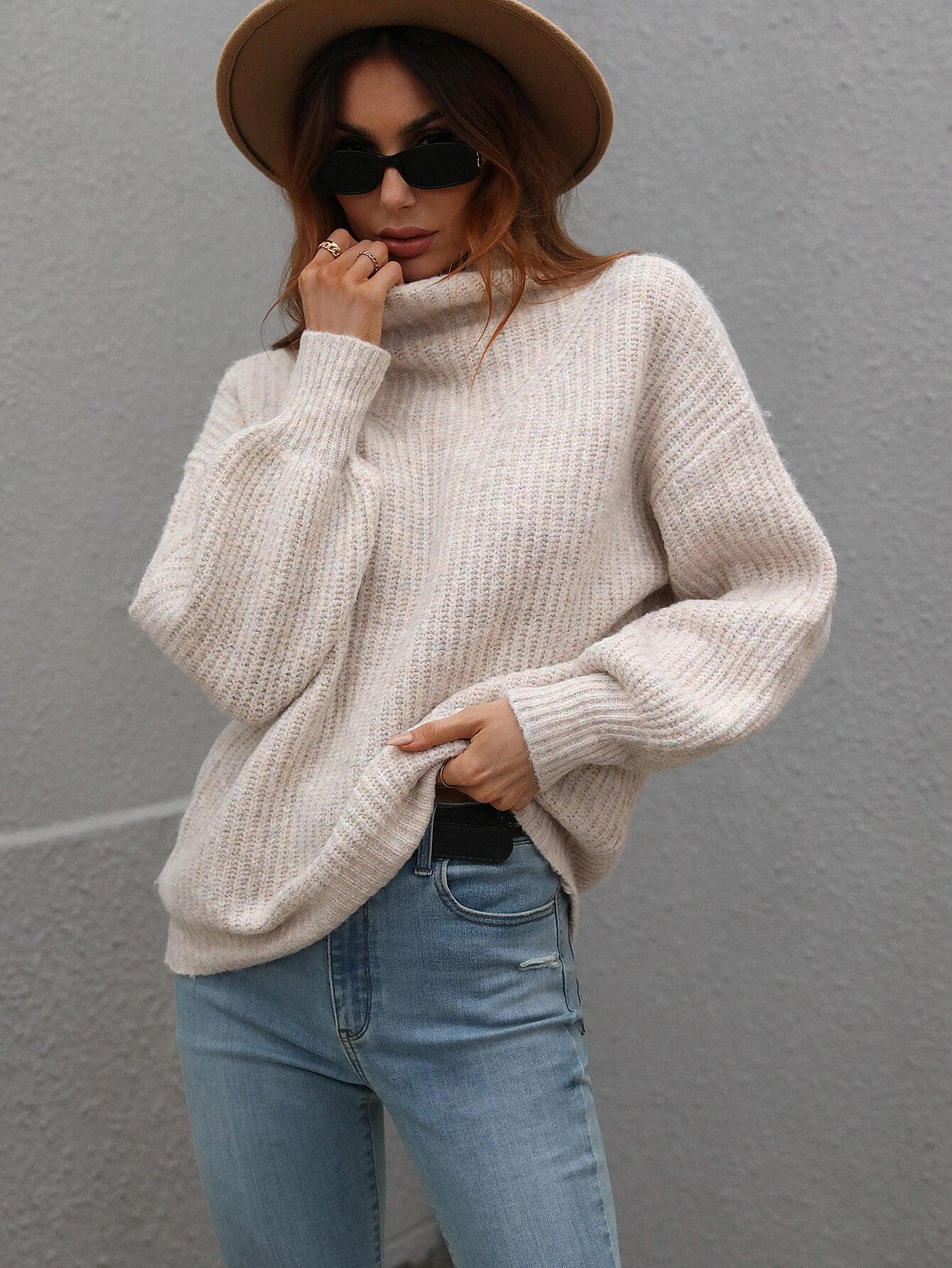 High Neck Balloon Sleeve Rib-Knit Pullover Sweater BLUE ZONE PLANET