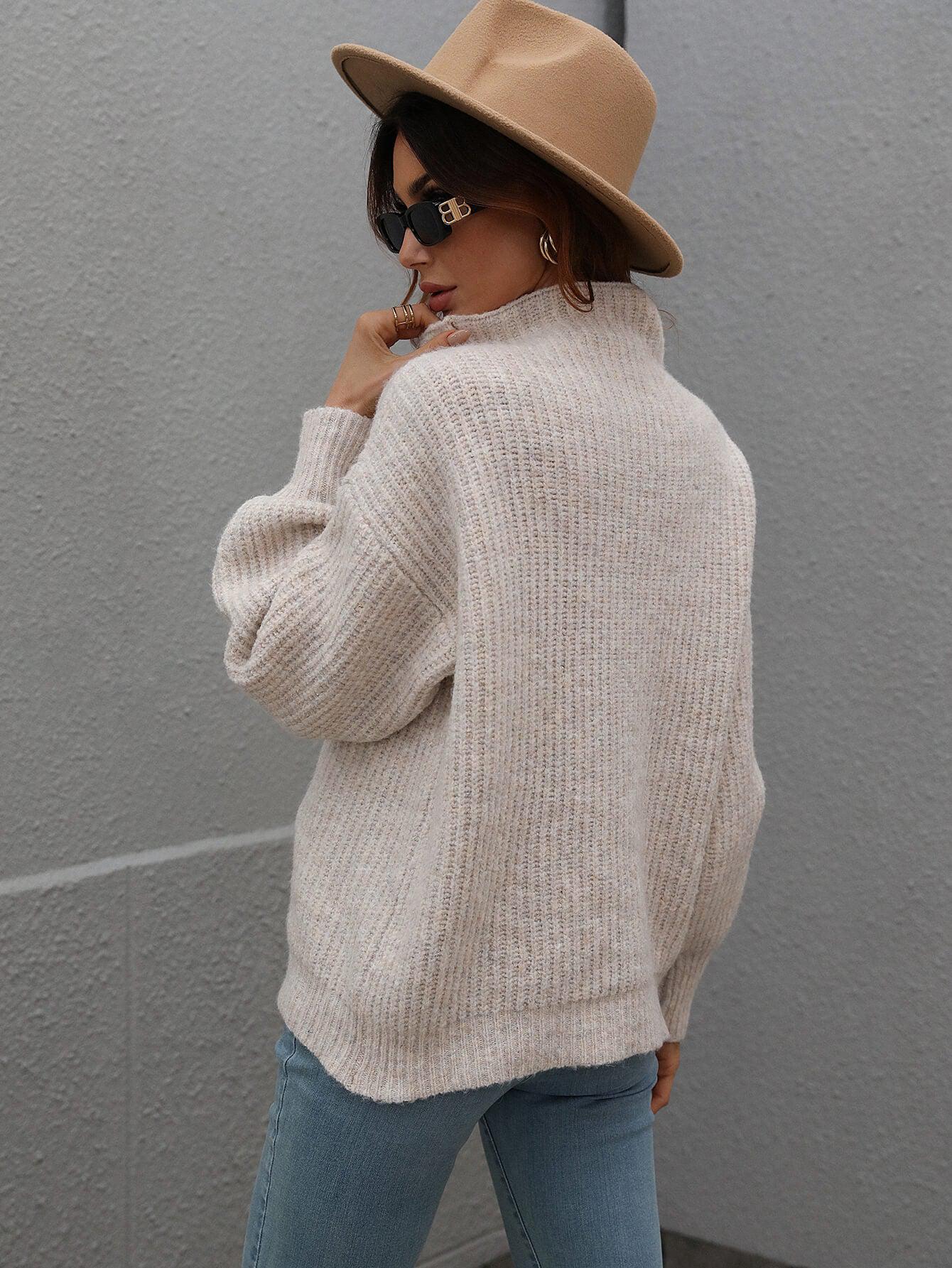 High Neck Balloon Sleeve Rib-Knit Pullover Sweater BLUE ZONE PLANET