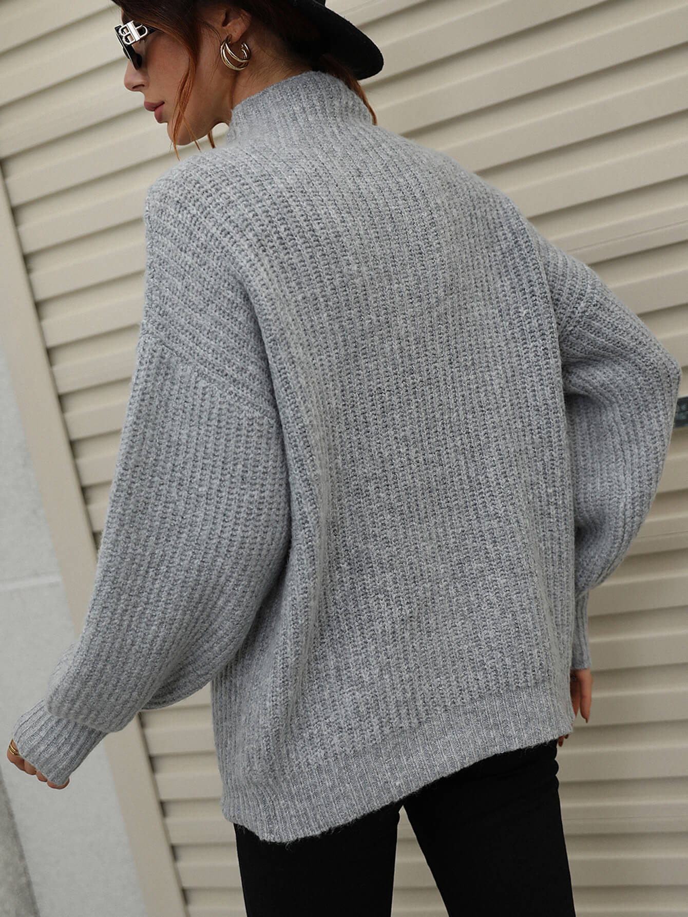 High Neck Balloon Sleeve Rib-Knit Pullover Sweater BLUE ZONE PLANET