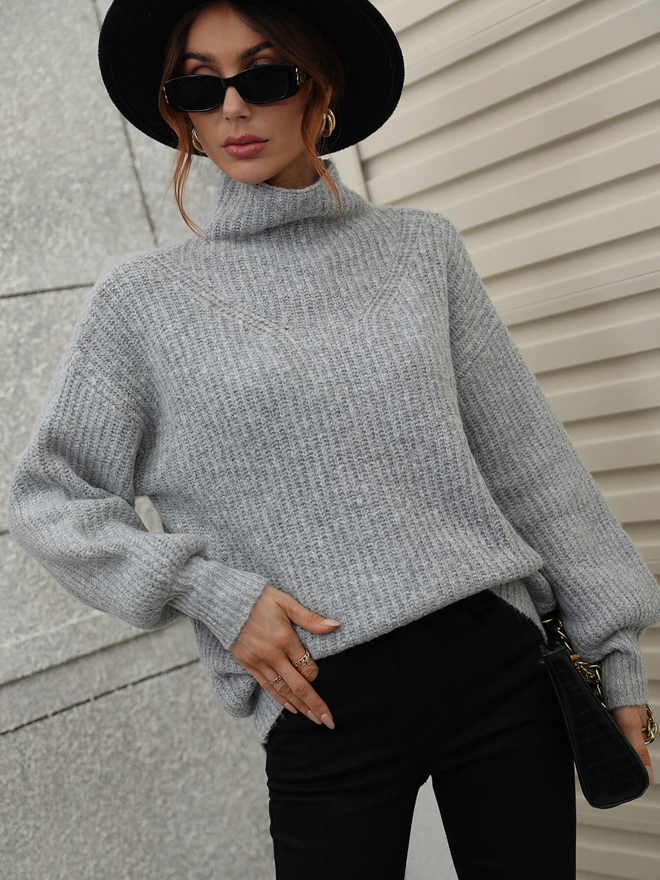 High Neck Balloon Sleeve Rib-Knit Pullover Sweater BLUE ZONE PLANET