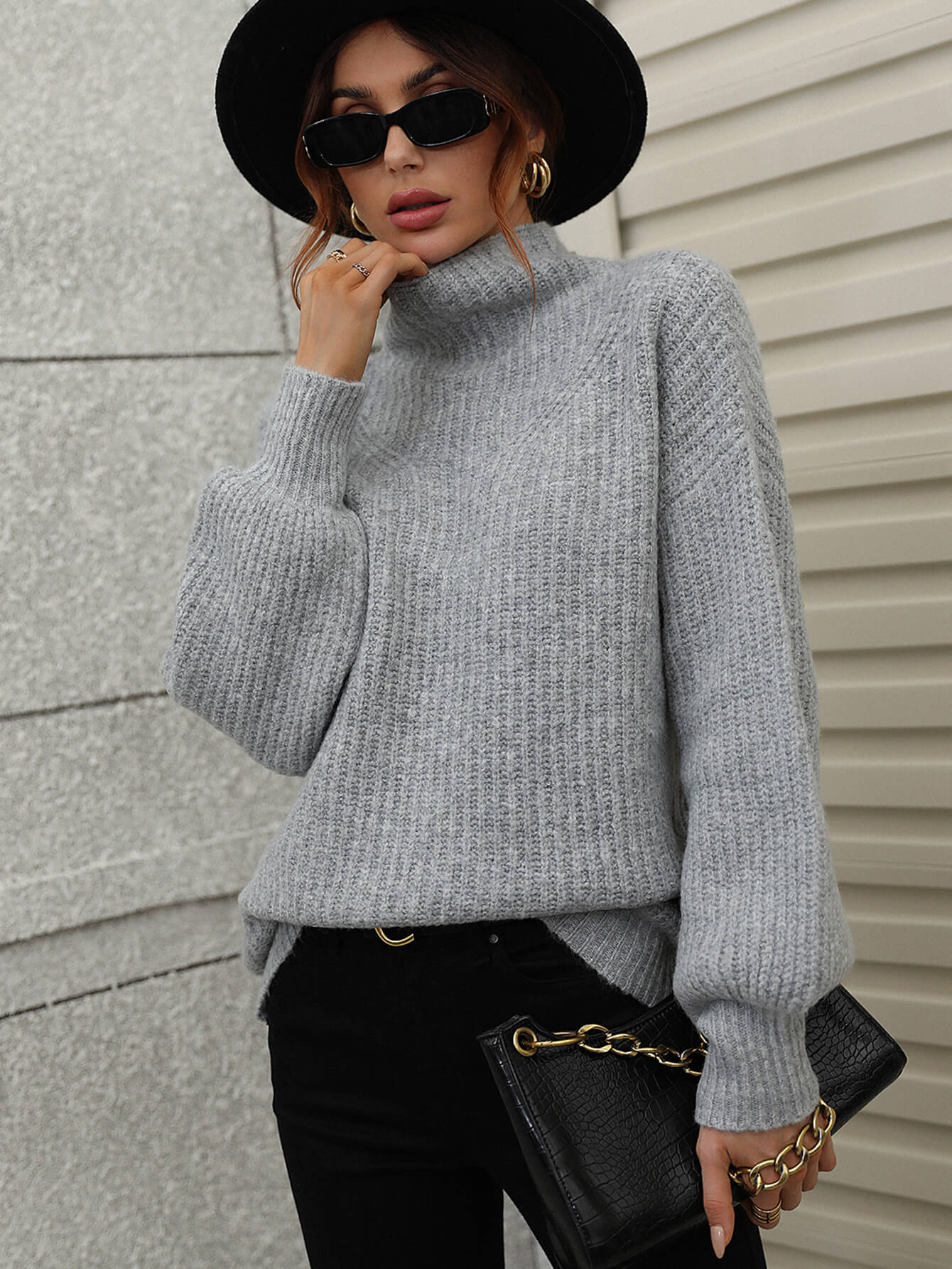 High Neck Balloon Sleeve Rib-Knit Pullover Sweater BLUE ZONE PLANET