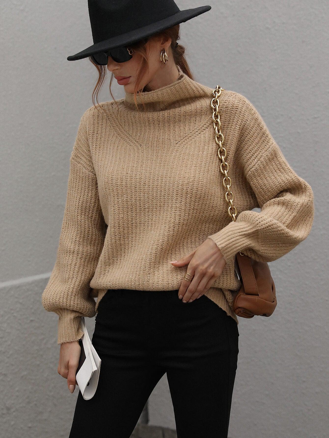 High Neck Balloon Sleeve Rib-Knit Pullover Sweater BLUE ZONE PLANET