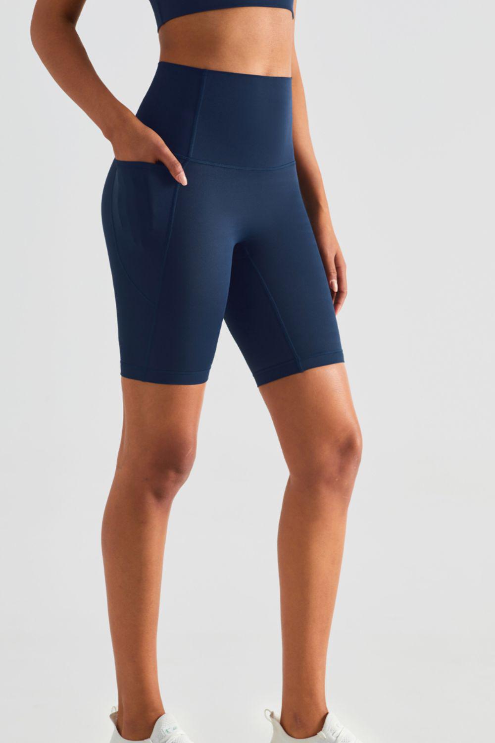 High-Rise Wide Waistband Biker Shorts with Pockets-BOTTOM SIZES SMALL MEDIUM LARGE-[Adult]-[Female]-Indigo-4-2022 Online Blue Zone Planet