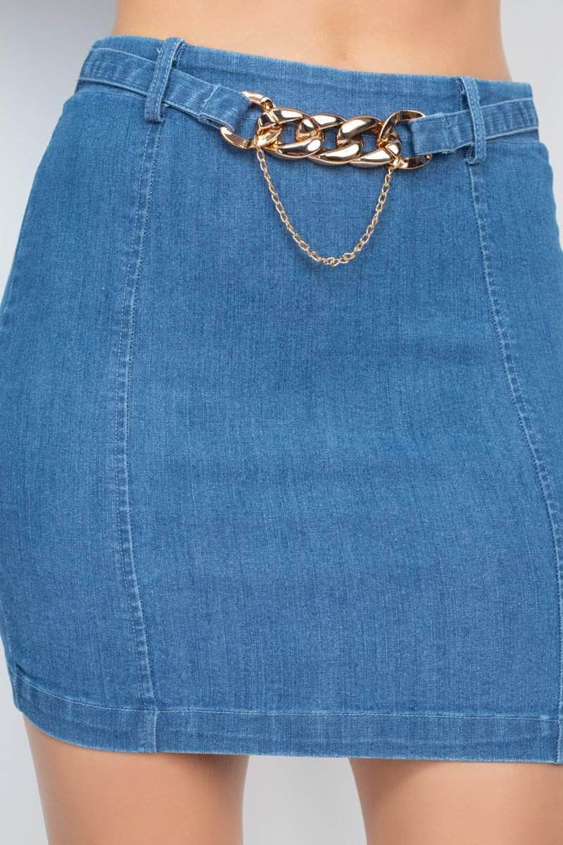 High-rise Belted Chain Denim Skirt Blue Zone Planet