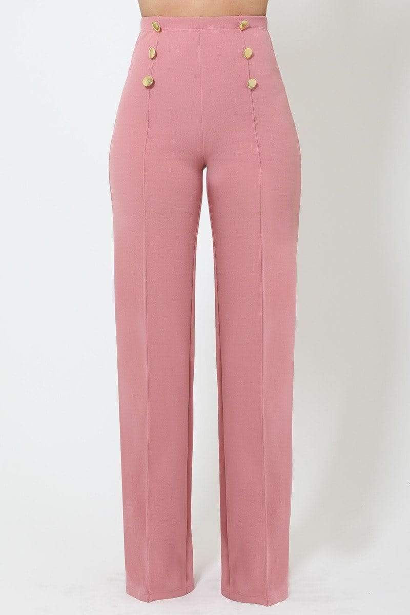 High-waist Crepe Pants With Buttons-BOTTOMS SML-[Adult]-[Female]-Blue Zone Planet