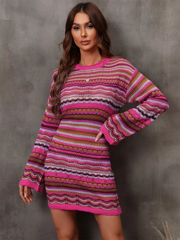 Hollow patchwork striped long knitted dress BLUE ZONE PLANET