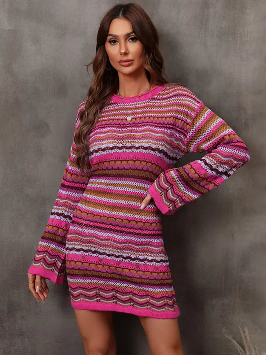 Hollow patchwork striped long knitted dress BLUE ZONE PLANET