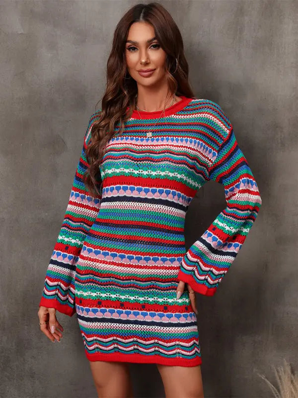 Hollow patchwork striped long knitted dress BLUE ZONE PLANET