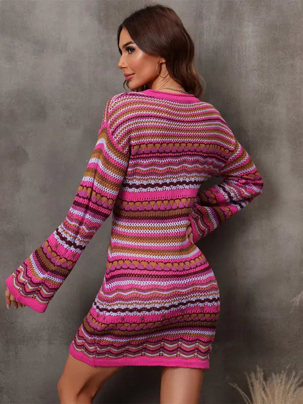 Hollow patchwork striped long knitted dress BLUE ZONE PLANET