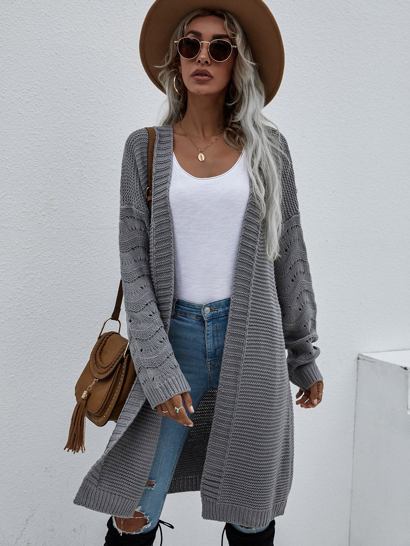 Horizontal Ribbing Open Front Duster Cardigan-TOPS / DRESSES-[Adult]-[Female]-Gray-S-Blue Zone Planet