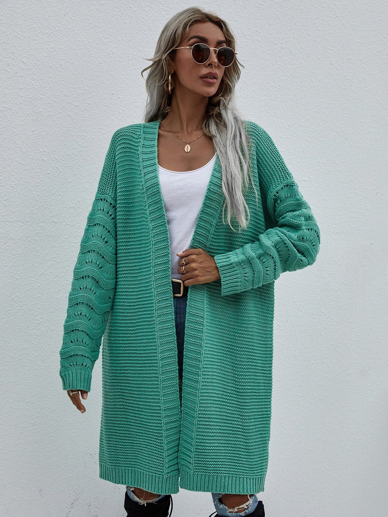 Horizontal Ribbing Open Front Duster Cardigan-TOPS / DRESSES-[Adult]-[Female]-Green-S-Blue Zone Planet