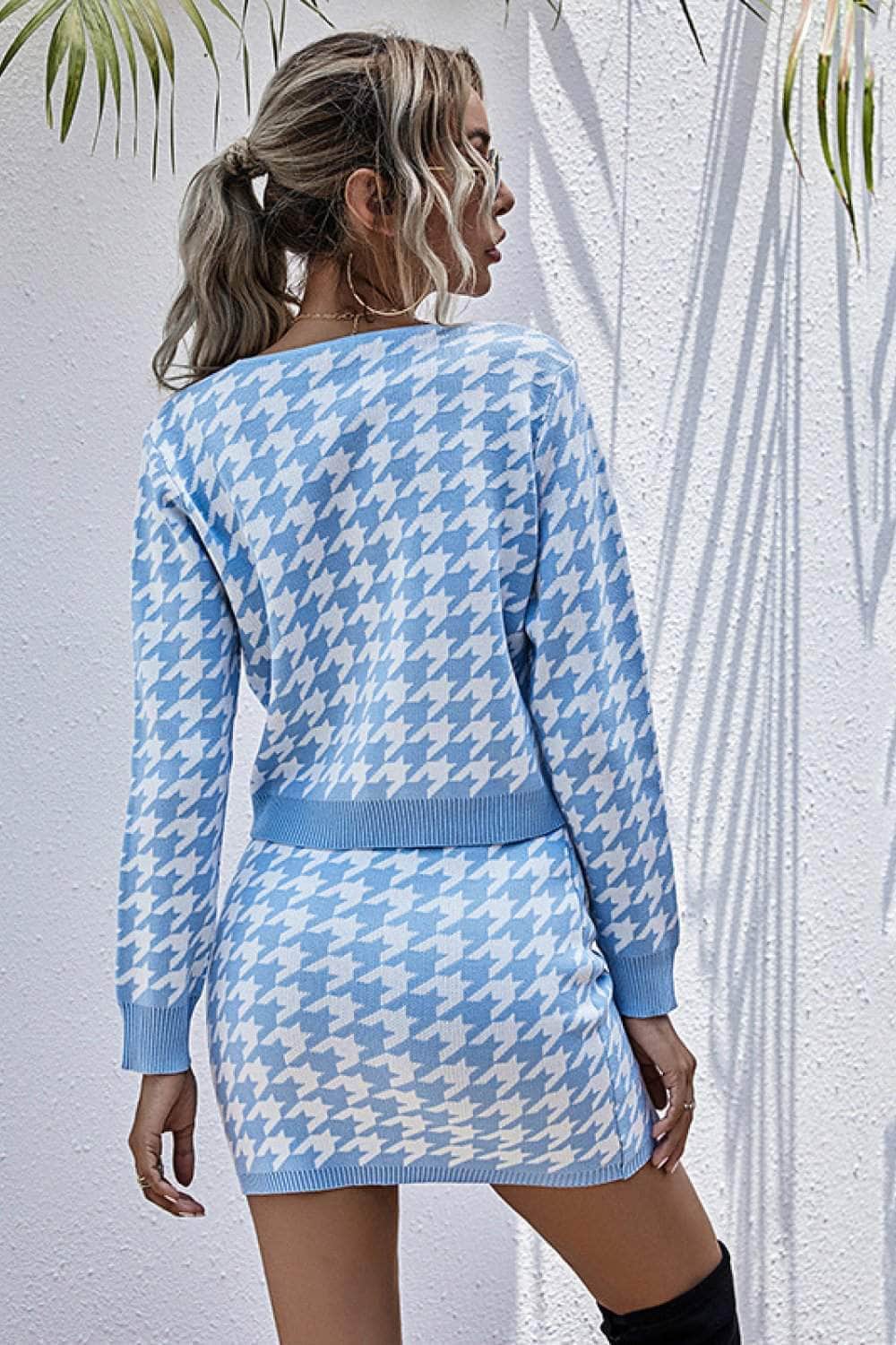 Houndstooth Button Front Sweater and Pencil Hem Skirt Set BLUE ZONE PLANET