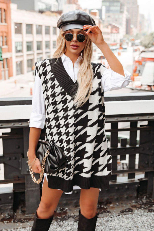 Houndstooth Ribbed Trim Sweater Vest Dress-TOPS / DRESSES-[Adult]-[Female]-White/Black-S-Blue Zone Planet