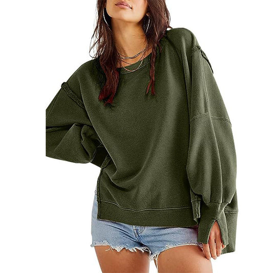 Elara's round neck loose side slit long sleeve BLUE ZONE PLANET