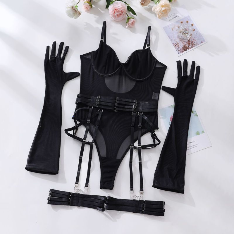 one-piece bodysuit with gloves and bandage see-through mesh sex suit kakaclo